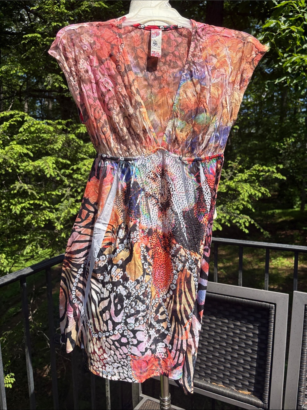 S-Twelve Y2K Multicolor colorful V-Neck Print Dress/tunic top rhinestones sz M